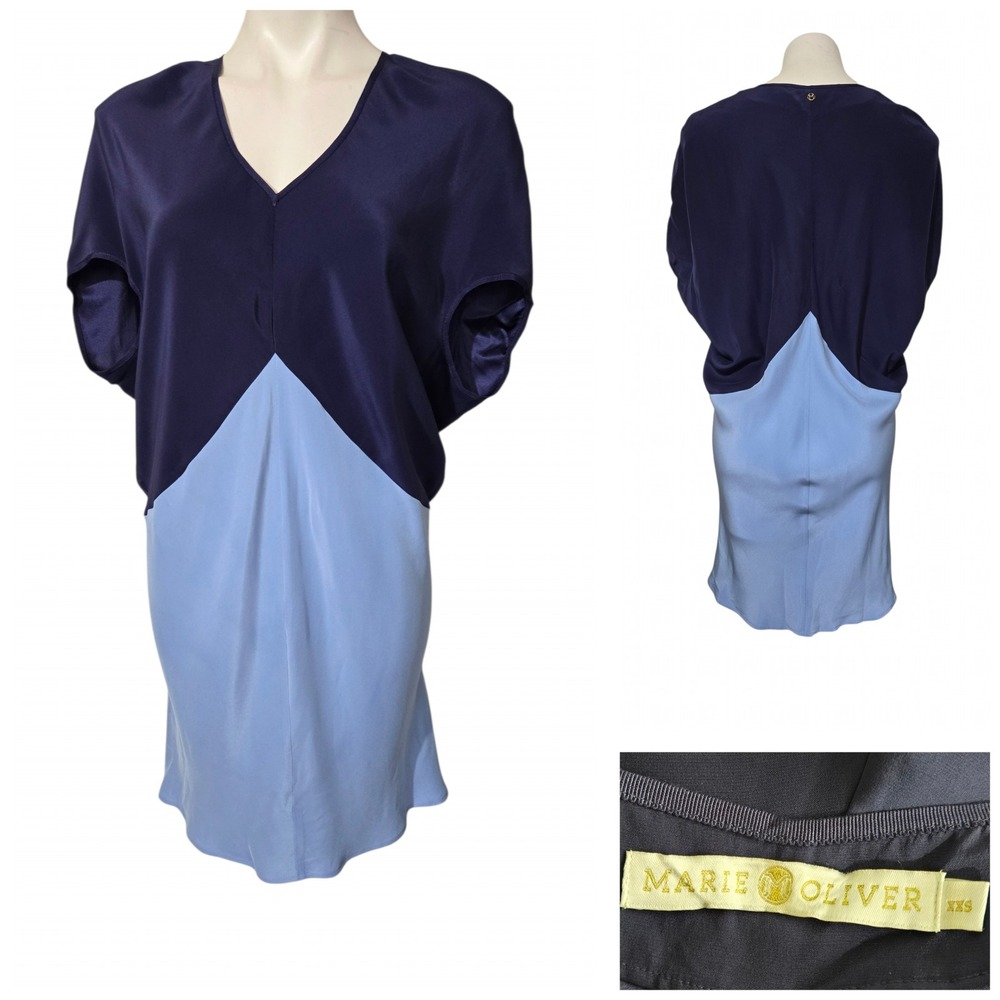 Marie Oliver Silk Colorblock V-Neck Shift Dress Navy Blue XXS